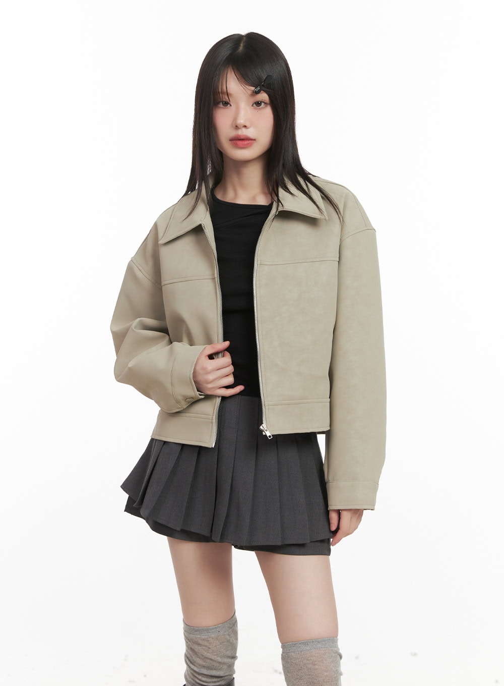 faux-leather-zip-up-collared-jacket-cj528 / Beige