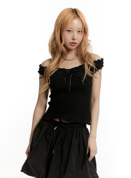 ribboned-shirred-crop-top-cy506 / Black