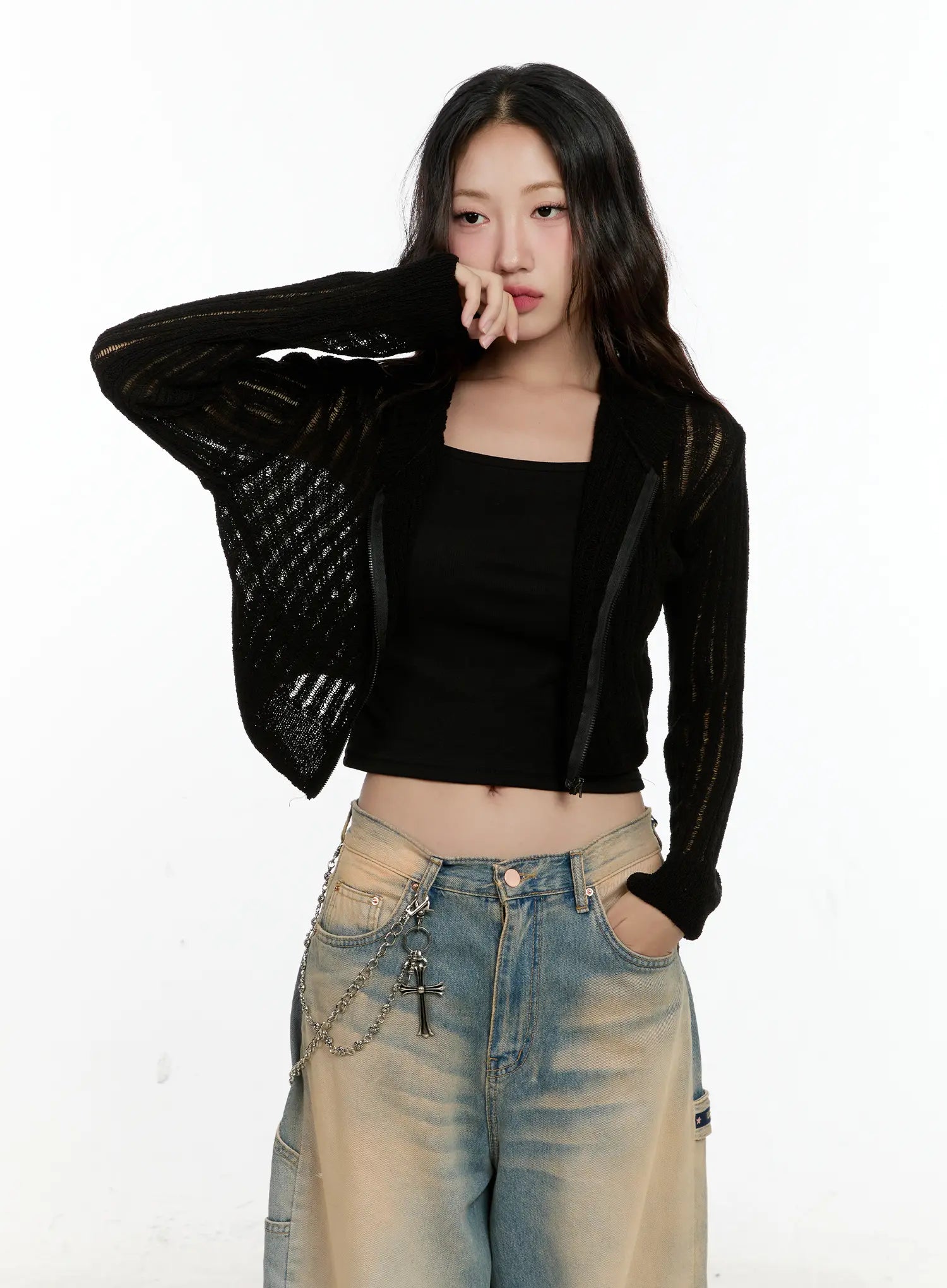 summer-knit-cropped-zip-up-cg501 / Black