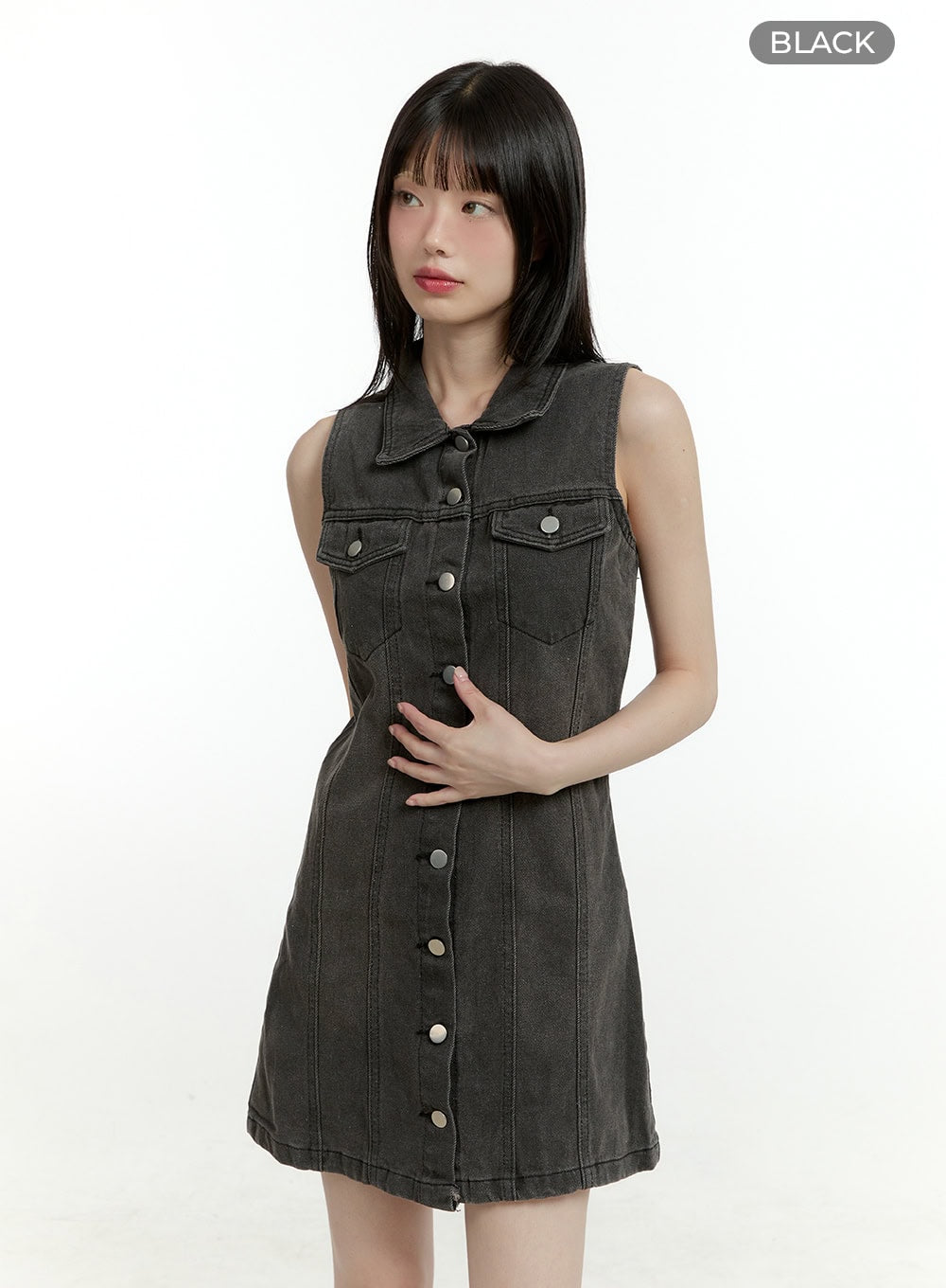 denim-collar-buttoned-sleeveless-mini-dress-cl426 / Black