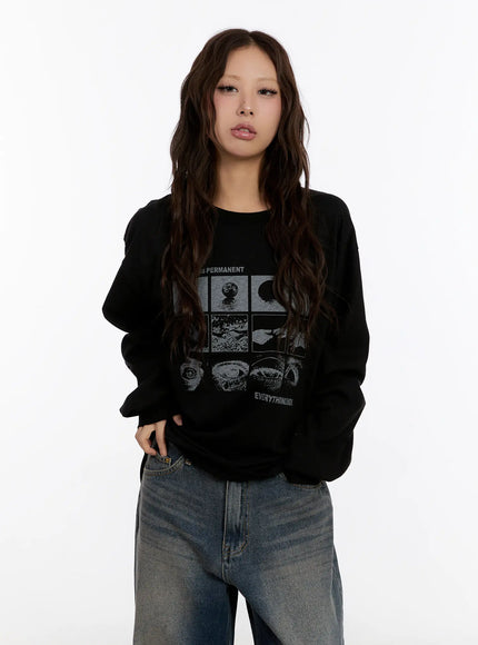 oversized-graphic-print-long-sleeve-top-cn527 / Black
