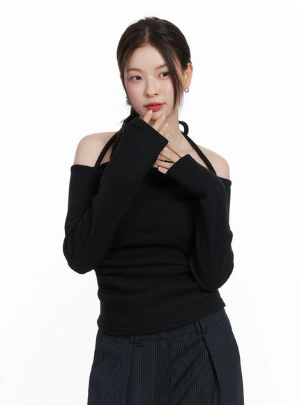 two-way-shirred-fleece-off-shoulder-top-cn518 / Black