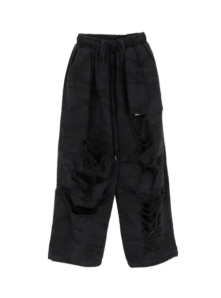 distressed-wide-leg-camo-pants-cd1202 / Black