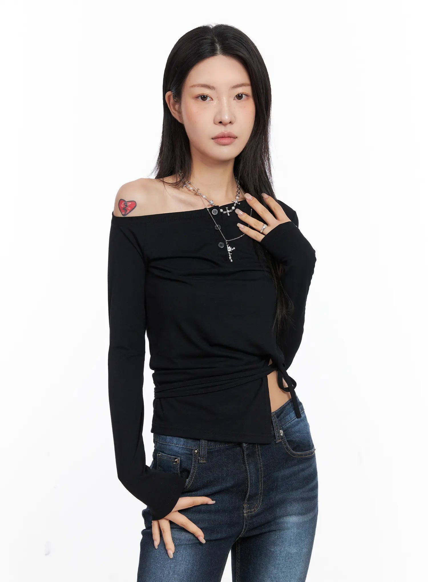 asymmetric-slit-wrap-long-sleeve-top-co507 / Black