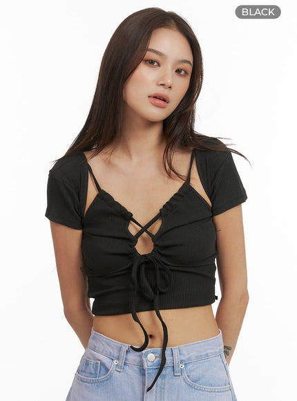 cut-out-short-sleeve-crop-top-cy424 / Black