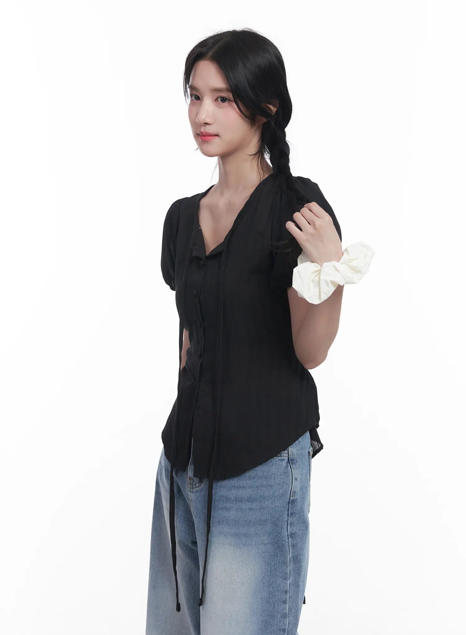 ribbon-short-sleeve-blouse-cu523 / Black