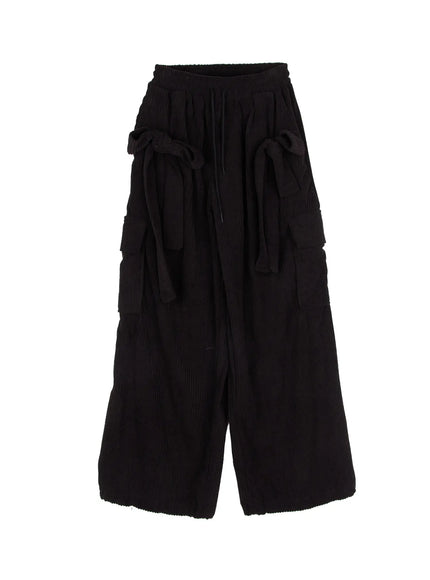 ribbon-corduroy-wide-leg-pants-cj514 / Black
