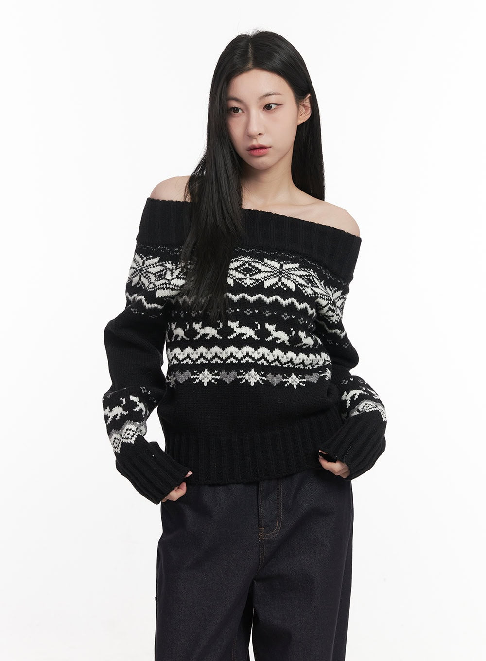 Nordic Print Off-Shoulder Sweater CF514