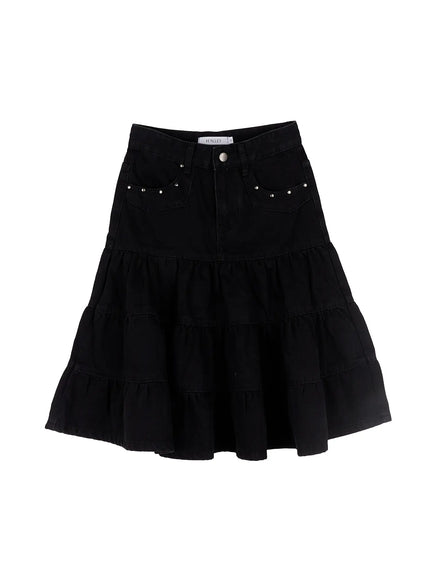 tiered-vintage-denim-midi-skirt-co507 / Black
