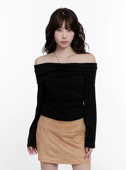 shirred-off-shoulder-long-sleeve-top-co501 / Black