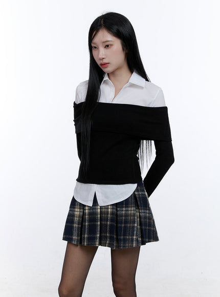 ribbed-off-shoulder-long-sleeve-top-cd419 / Black