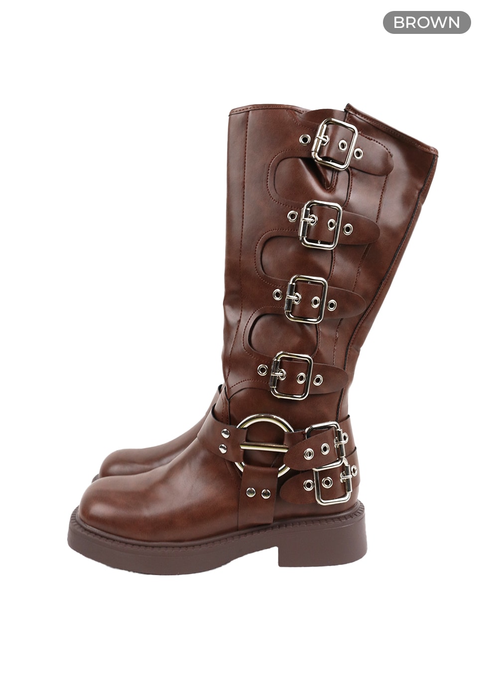 buckle-faux-leather-boots-cf428 / Brown