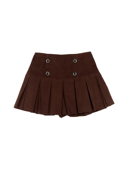 corduroy-button-pleated-mini-skirt-cn525 / Brown