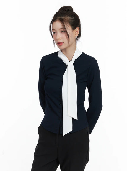 slim-fit-long-sleeve-scarf-blouse-cn519 / Dark blue