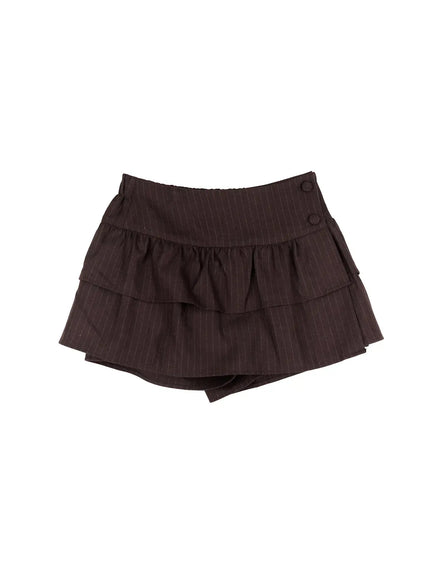 pinstripe-tiered-ruffle-mini-skirt-cd502 / Dark brown