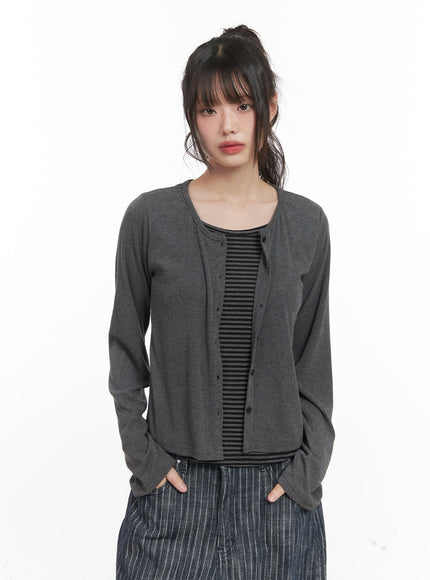 striped-layered-buttoned-cardigan-cj528 / Dark gray