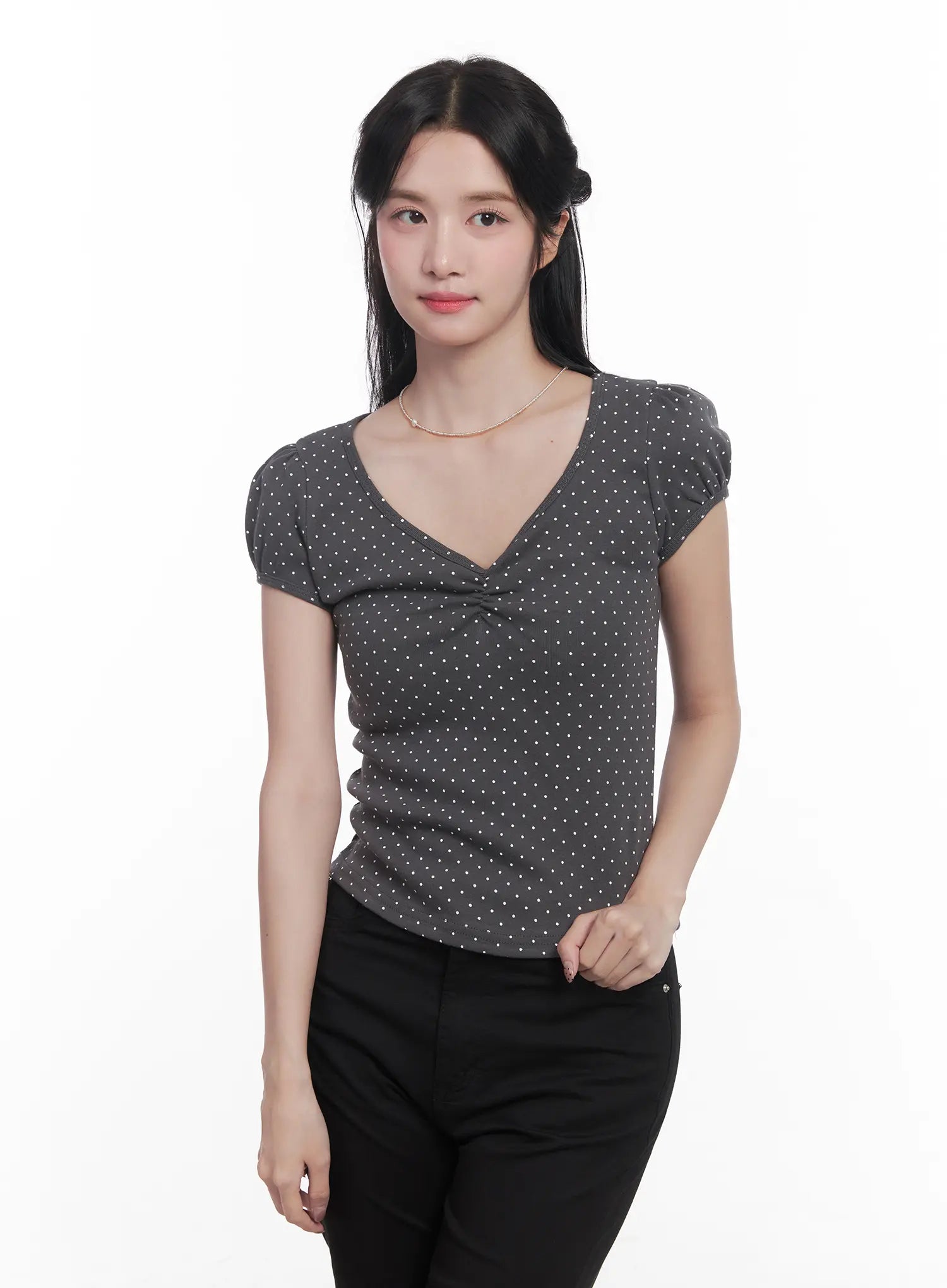polka-dot-v-neck-tee-cu525 / Dark gray