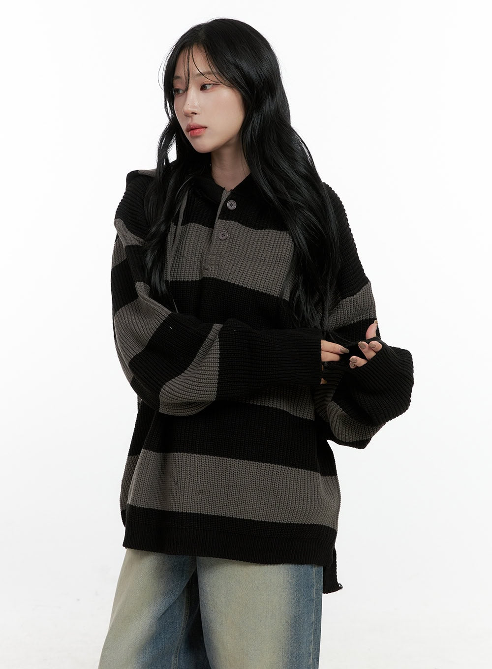 buttoned-stripe-hoodie-sweater-cn408 / Dark gray