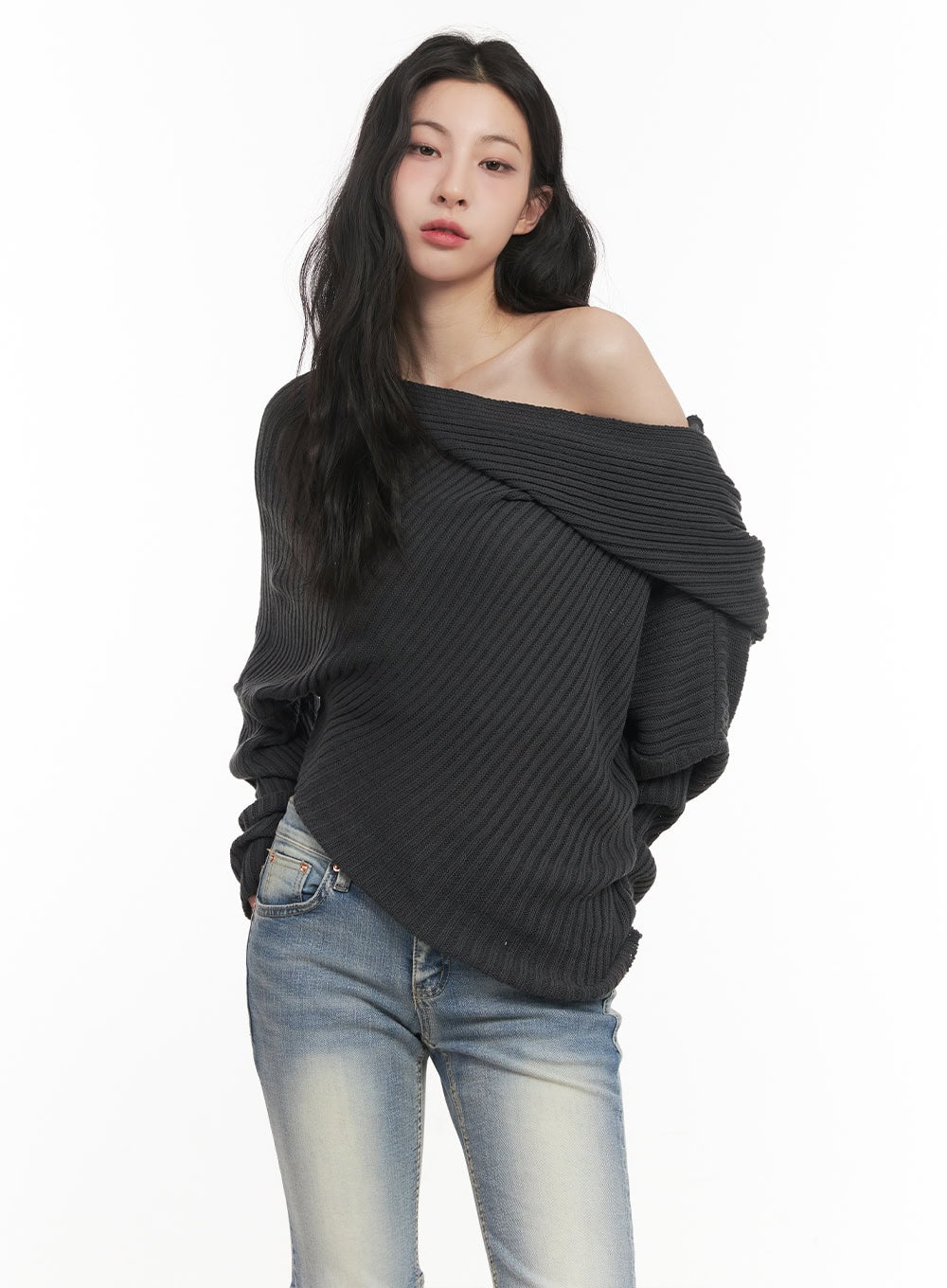 Ribbed Off-Shoulder Hooded Sweater CF513