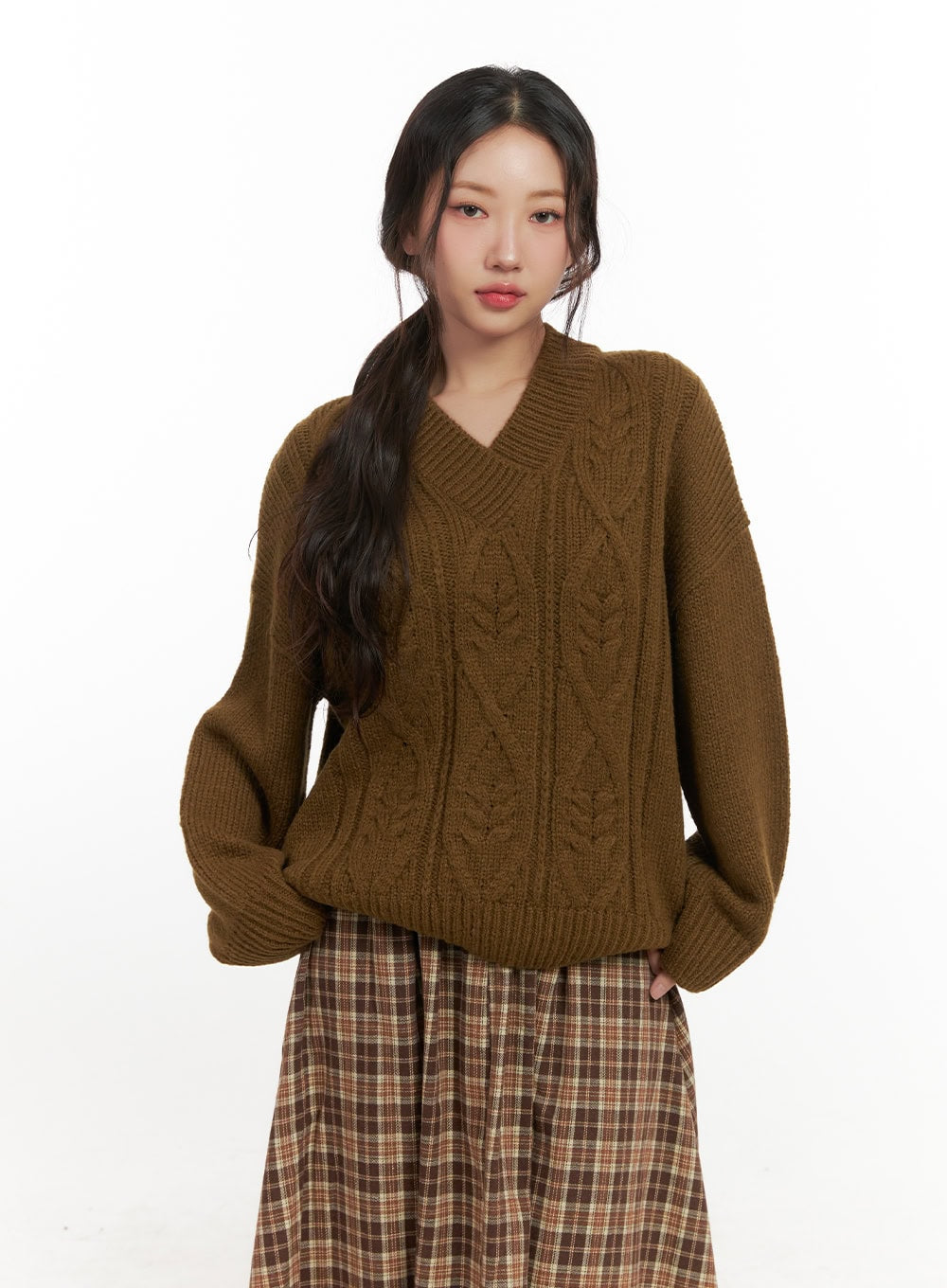 cableknit-v-neck-oversized-sweater-cn426 / Dark green