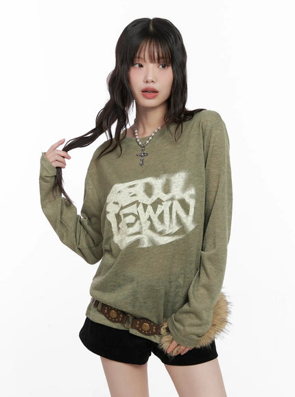 seoul-graphic-sheer-long-sleeve-tee-cn511 / Dark green