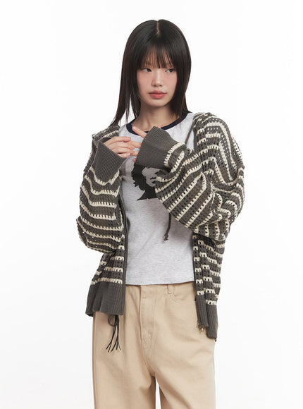 Striped Zip-Up Oversized Hooded Sweater CM520