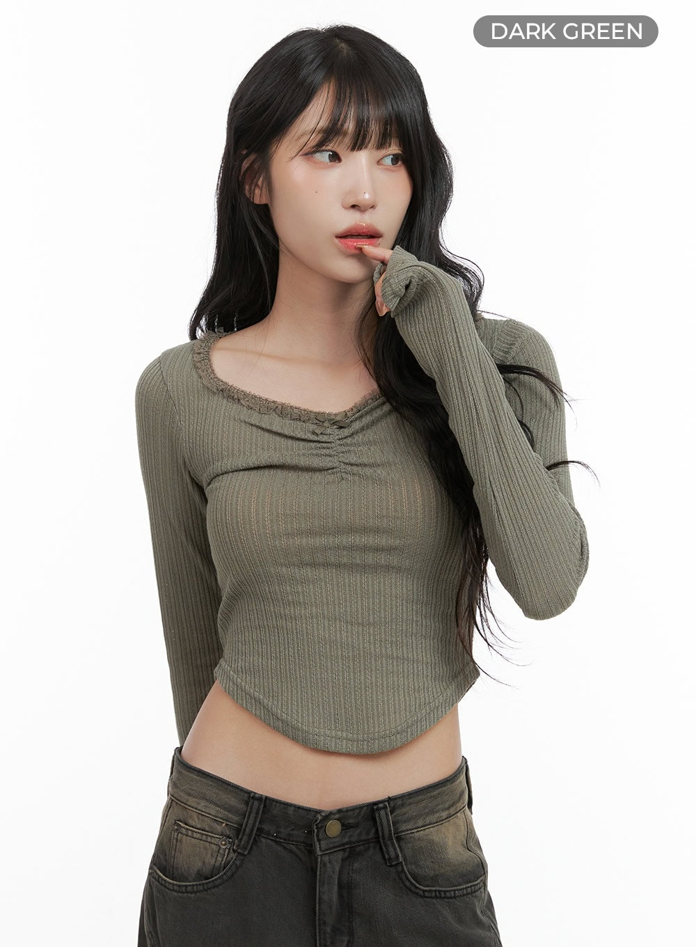 wide-neck-ribbed-lace-slim-crop-top-cg421 / Dark green