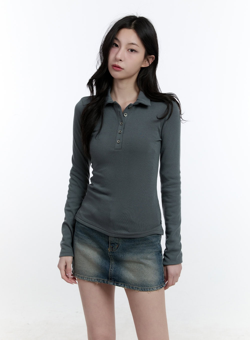 basic-slim-fit-collared-long-sleeve-top-cj521 / Dark green