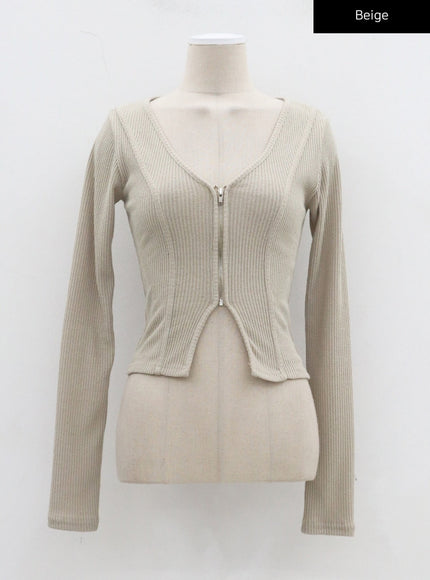 V-Neck Ribbed Knit Cropped Zip-Up CJ326