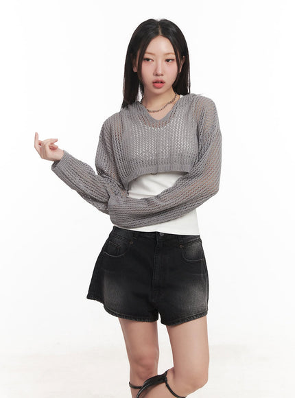 knit-mesh-crop-long-sleeve-top-ca529 / Gray