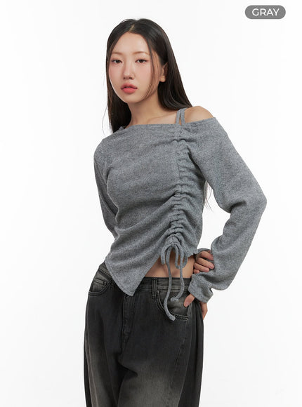 shirred-one-shoulder-top-co417 / Gray