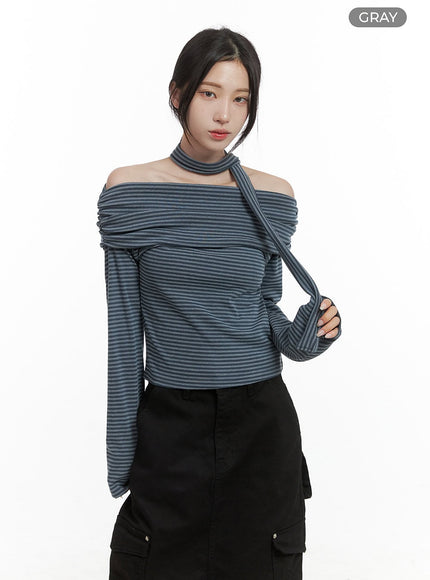 striped-off-shoulder-crop-top-scarf-set-cs430 / Gray