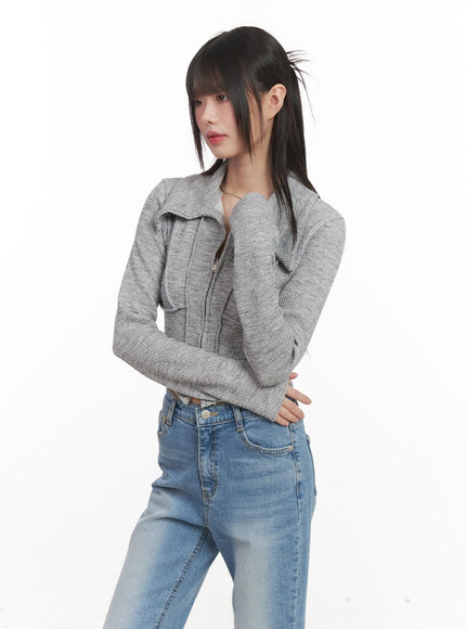 zip-up-collared-long-sleeve-crop-top-cj523 / Gray