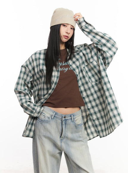 oversized-plaid-print-button-down-shirt-ca514 / Green