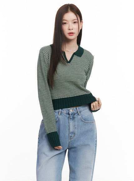 Cashmere-Blend Collared Stripe Crop Sweater CM512