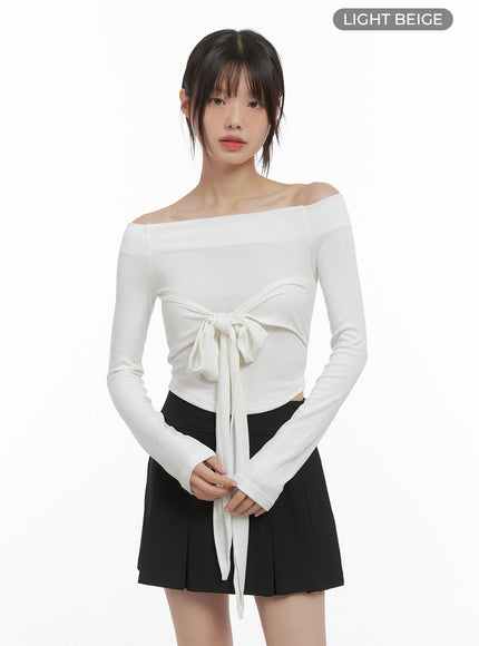 ribbon-tie-off-shoulder-crop-top-cs412 / Light beige