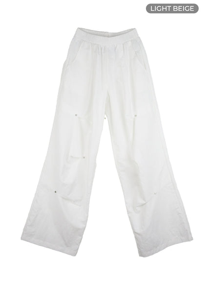 stud-banded-nylon-wide-leg-pants-cg409 / Light beige