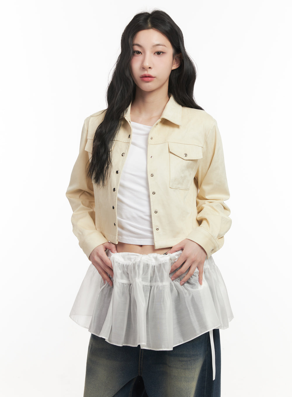 Suede Collared Long-Sleeve Crop Shirt CF513