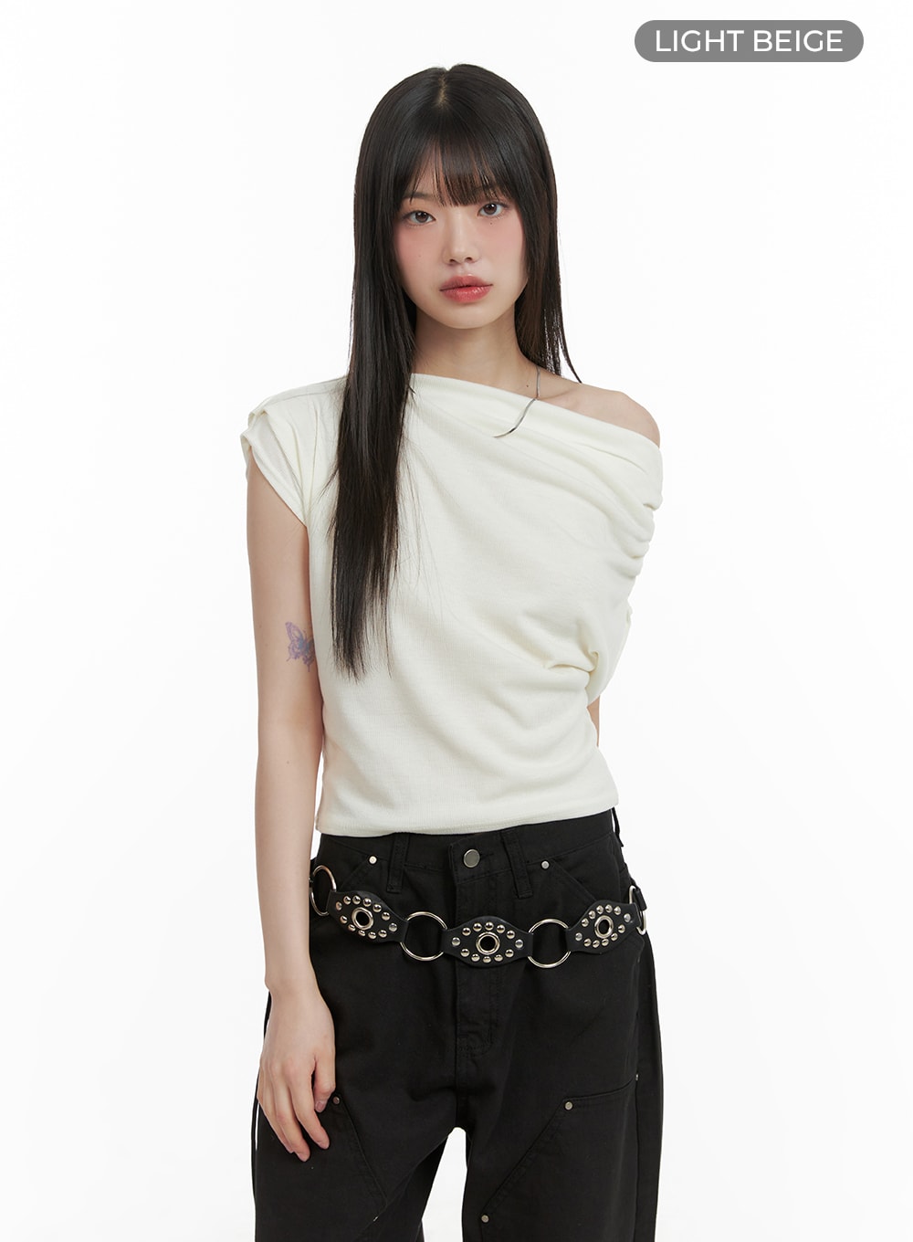 shirred-one-shoulder-top-ca419 / LIght beige