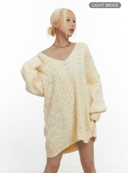cozy-cable-knit-mini-dress-cs425 / Light beige