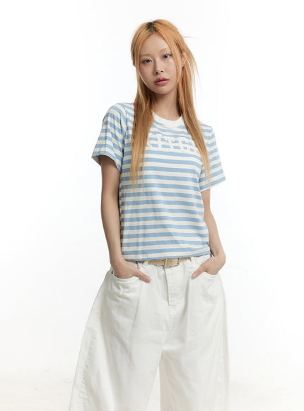 striped-patch-cotton-t-shirt-cy505 / Light blue