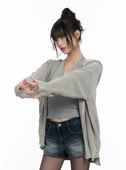 chunky-washed-knit-hoodie-zip-up-cg518 / Light gray