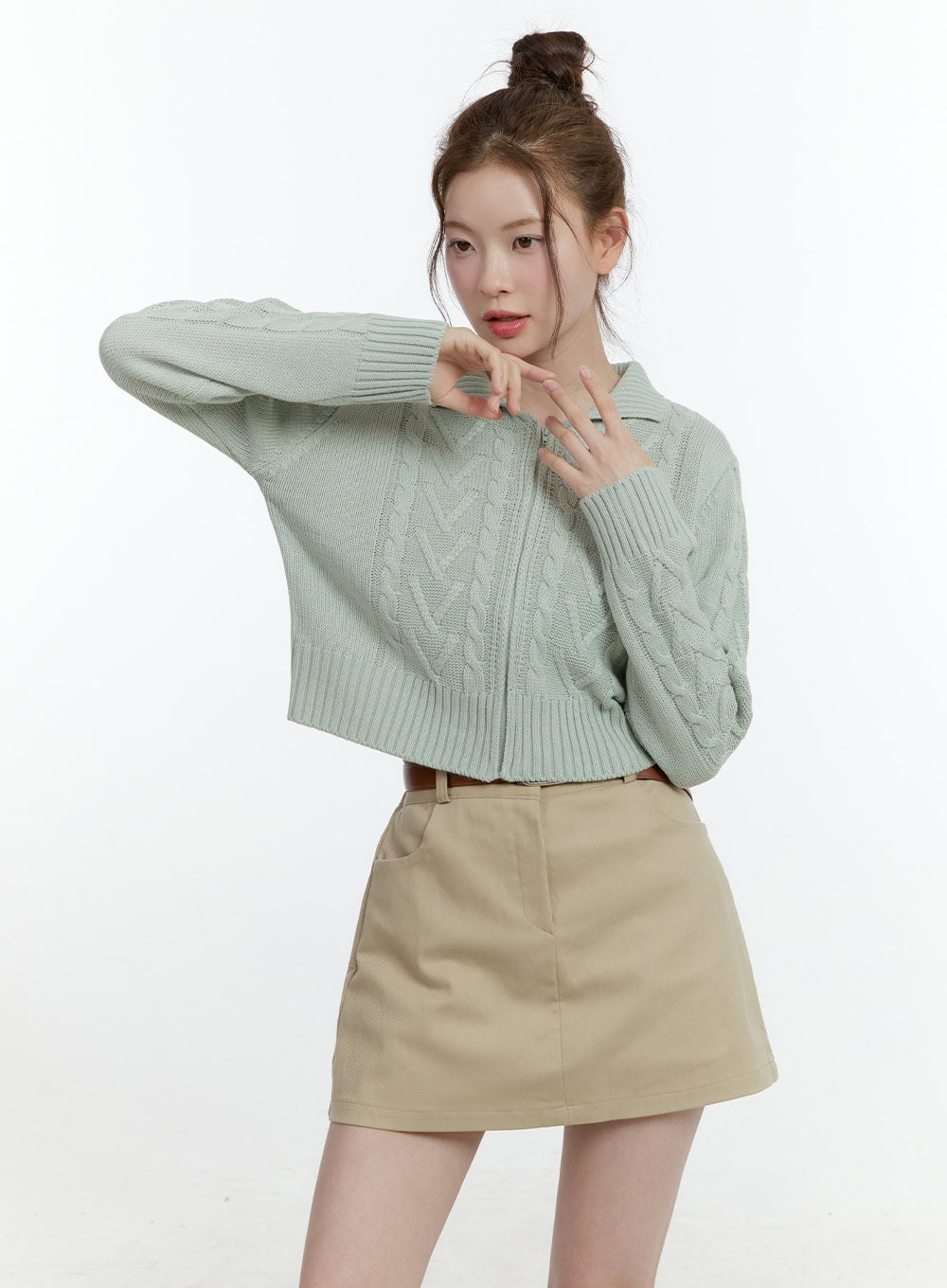 collared-cable-knit-zip-up-crop-cardigan-cf504 / Mint