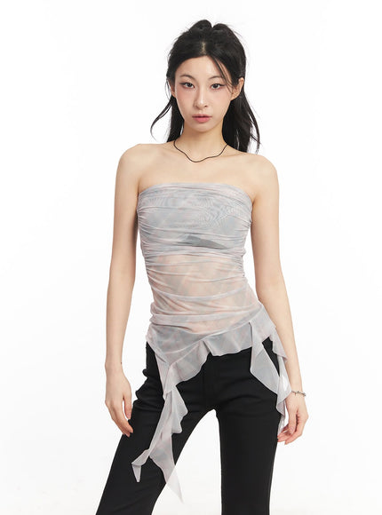 sheer-plaid-ruffle-tube-top-ca514 / Pink