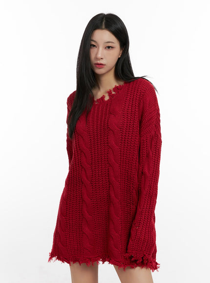 oversize-damaged-knit-sweater-cn416 / Red