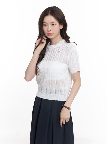 cable-knit-short-sleeve-sweater-cy515 / White
