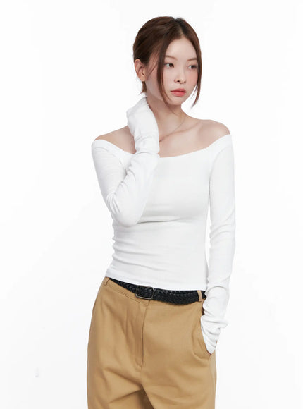 ribbed-off-shoulder-long-sleeve-top-cg520 / White