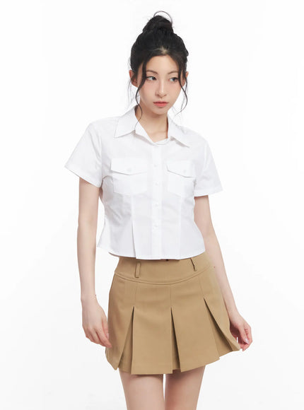 slim-fit-cropped-button-up-shirt-cu511 / White