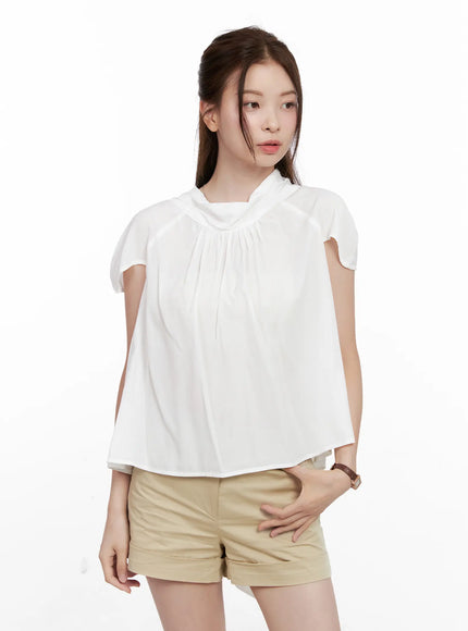 shirred-ribbon-short-sleeve-blouse-cl523 / White