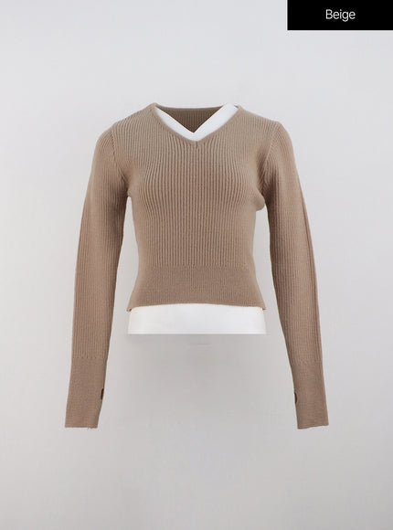 v-neck-knit-crop-sweater-on330 / Beige